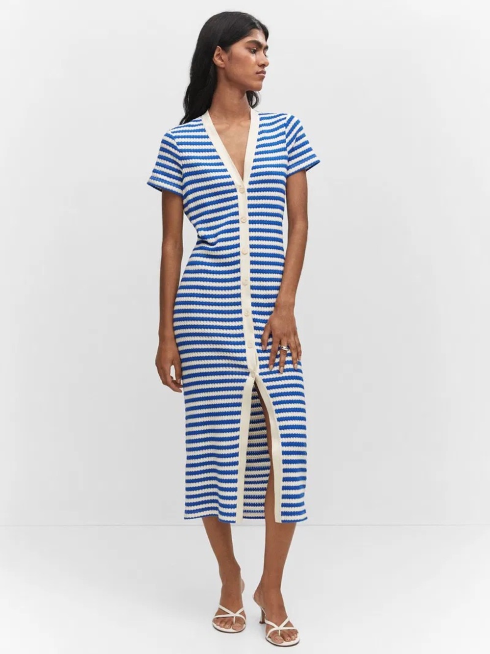 Mango Blue & White Striped V-Neck Swim Coverup Midi